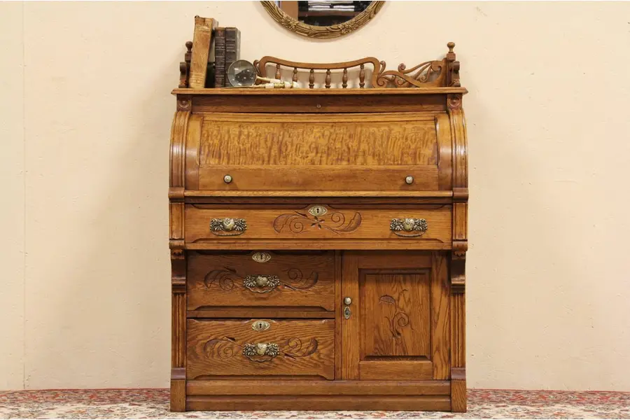 Photo of Eastlake Oak Cylinder 1890 Roll Top Secretary Desk