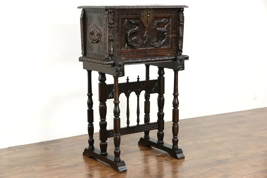 Photo of Spanish Antique Cabinet Desk or Bar on Stand, Carved Dragons & Soldiers
