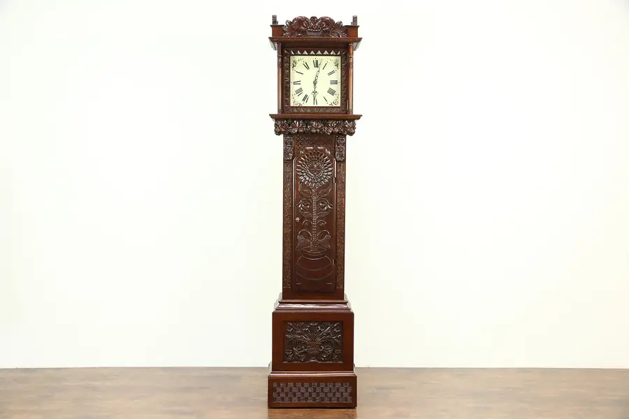 Photo of Mahogany Vintage Long Case Grandfather Clock, Carved Angel, Nut & Fruit Motifs