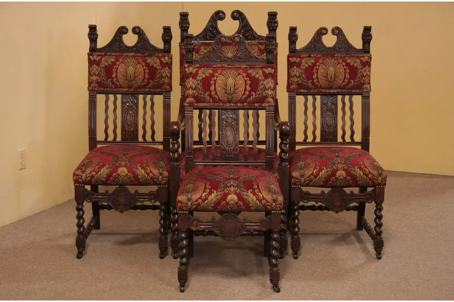 Photo of Set of 4 Lion Carved 1900's Oak Gentleman's Chairs