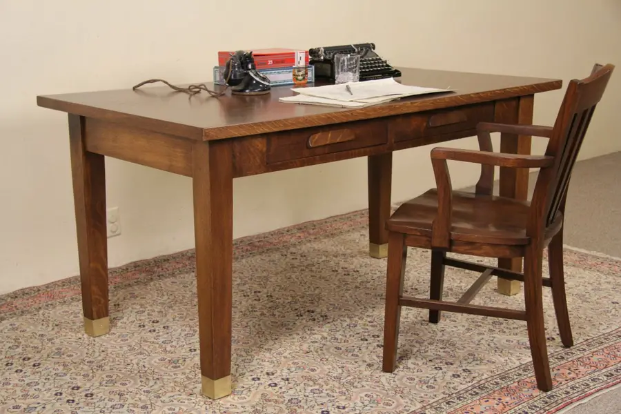Photo of Oak Craftsman 1930's Vintage Library Table or Writing Desk