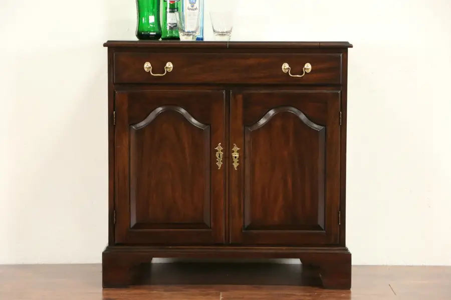 Photo of Henkel Harris Signed Vintage Mahogany Flip Top Bar Cabinet Server