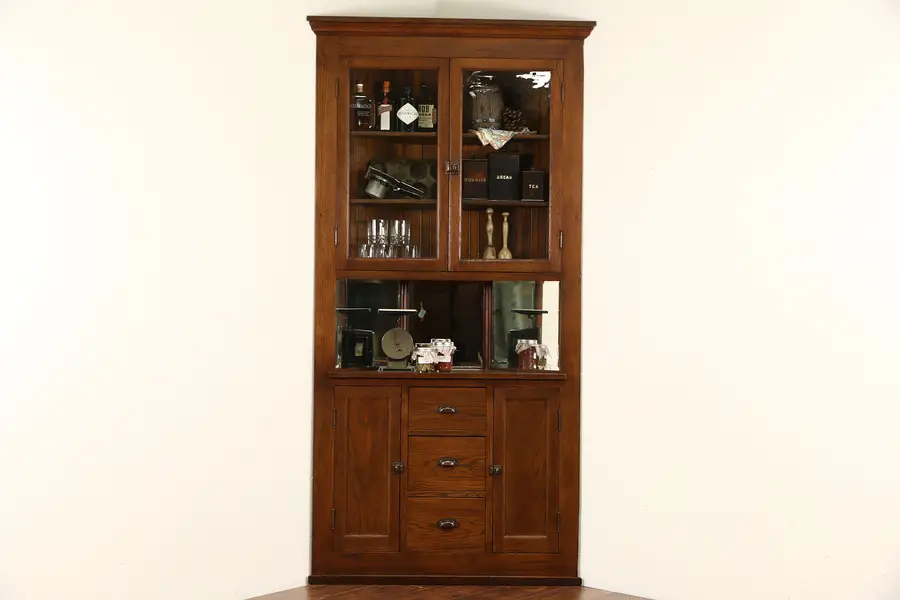 Photo of Oak Corner Cupboard, 1900 Antique Cabinet, Glass Doors & Mirrors