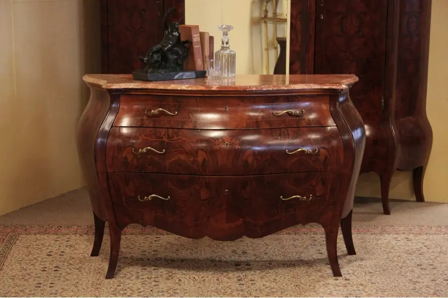 Photo of Bombe Walnut Burl & Rosewood Antique Chest, Dresser