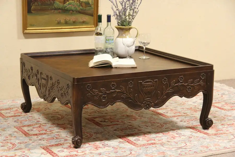 Photo of Baker Signed Country French Carved Oak Coffee or Cocktail Table