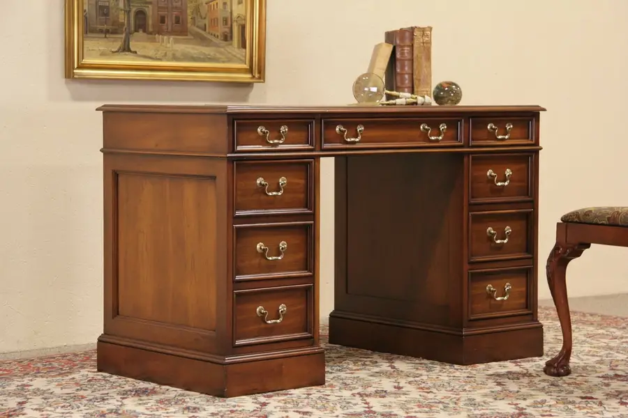 Photo of Sligh Lowry Cherry Vintage Desk, Tooled Leather