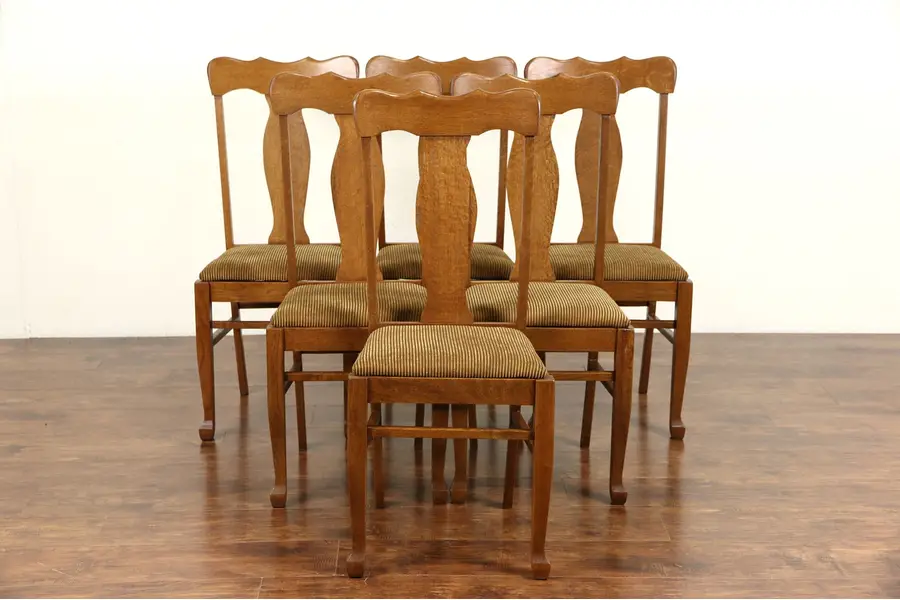 Photo of Set of Six Oak 1900 Antique Dining Chairs, New Upholstery