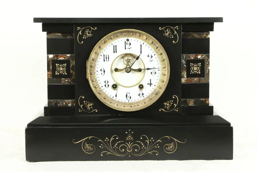 Photo of Victorian Antique Inlaid Marble Mantel Clock, Open Escapement Seth Thomas