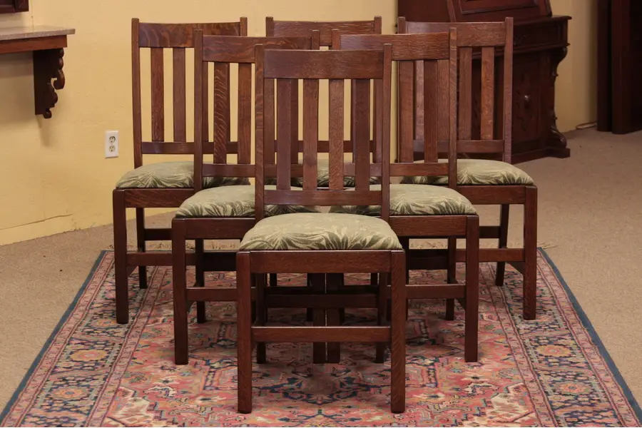 Photo of Set 6 Arts & Crafts Mission Oak 1900 Dining Chairs