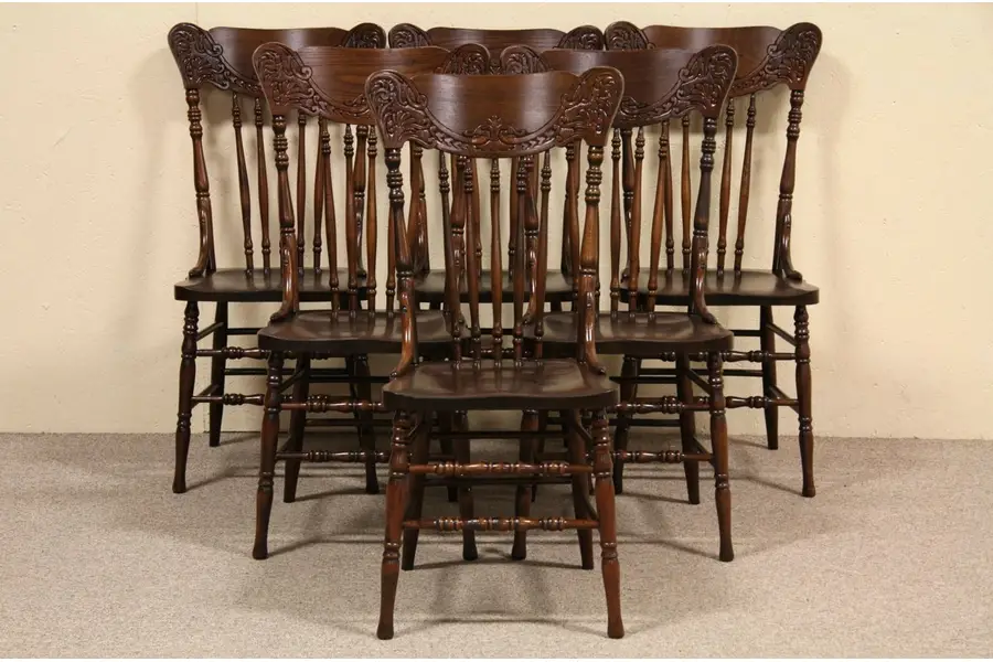 Photo of Set of 6 Pressback 1900 Antique Country Dining Chairs