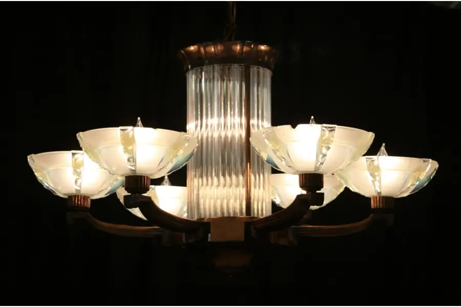 Photo of Art Deco 1930's Chandelier, Etched Glass Shades
