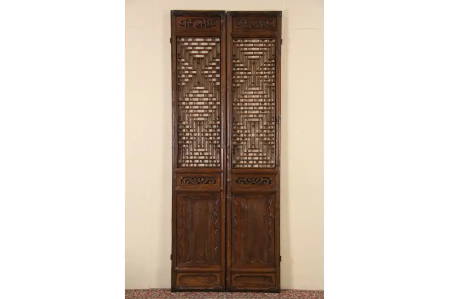 Photo of Pair of Carved Chinese Antique 1900 Architectural Salvage Carved Grillwork Doors