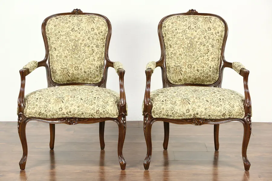 Photo of Pair French Style Carved Fruitwood Chairs, New Upholstery