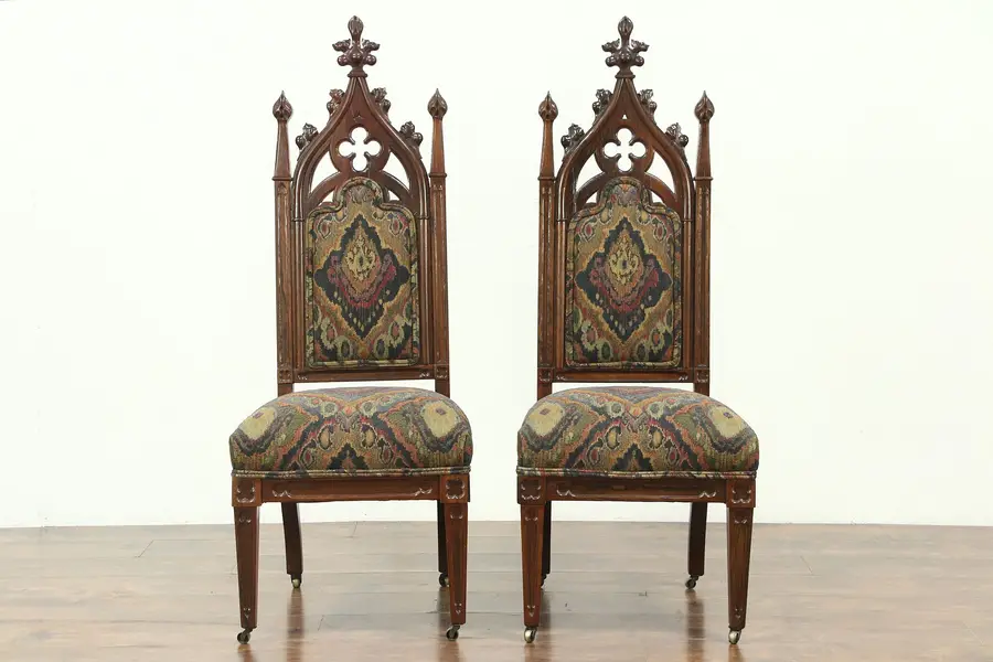 Photo of Victorian Gothic Pair of Antique 1850's Rosewood Chairs, New Upholstery