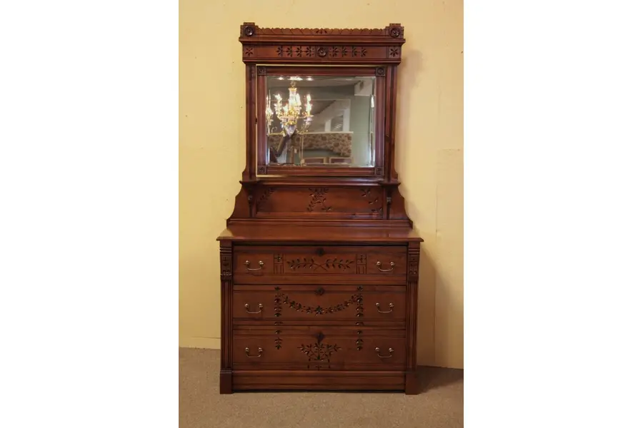 Photo of Victorian Eastlake Dresser & Mirror, Spoon Carved
