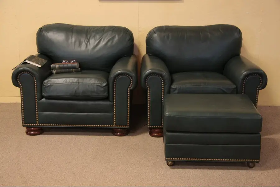 Photo of Hancock Moore Pair Green Leather Armchairs & Ottoman