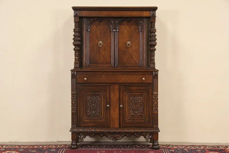 Photo of Oak English Tudor 1920's Carved Oak China Cabinet