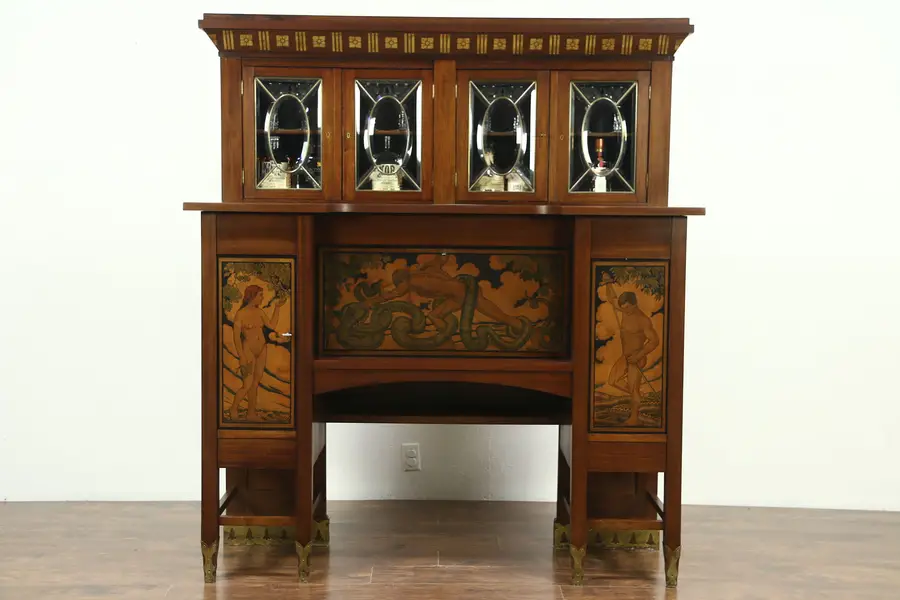 Photo of Adam & Eve Antique Hand Painted Desk or Sideboard, Beveled Glass, Signed Denmark