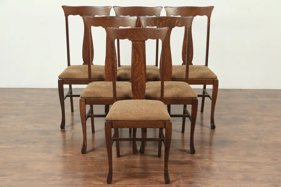Photo of Set of 6 Quartersawn Oak Antique Dining Chairs, New Upholstery