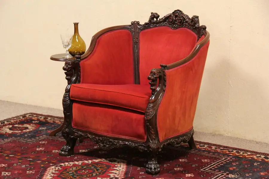 Photo of Lion Head & Paw Carved Mahogany Antique 1920's Armchair