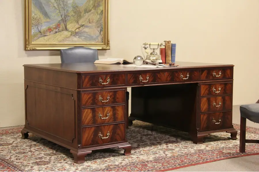 Photo of Georgian Design Leather Top English Vintage Executive Partner Desk