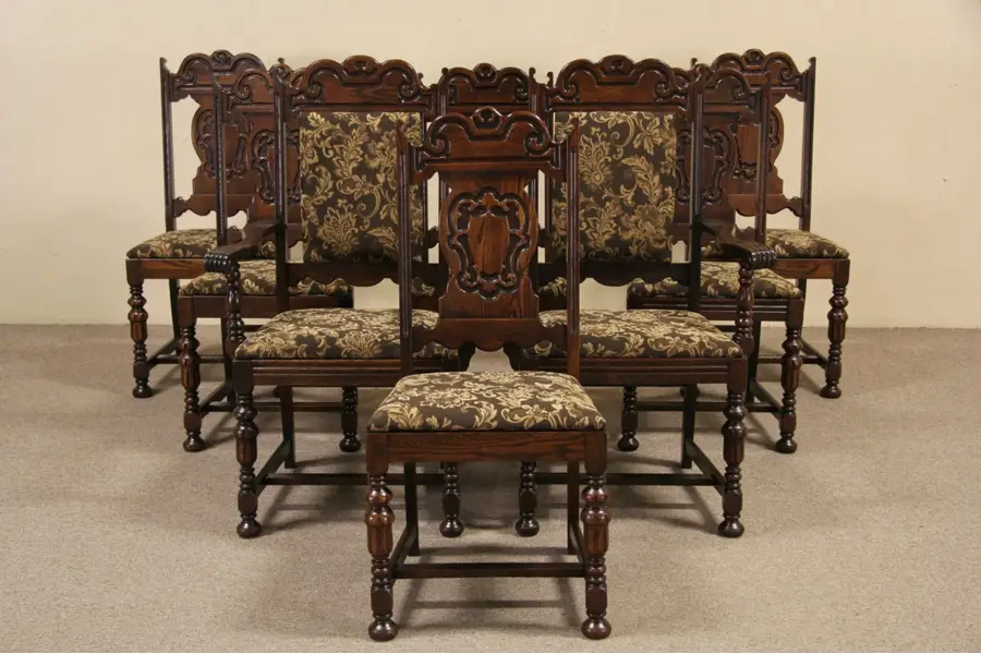 Photo of English Tudor 1920's Oak Set of 8 Dining Chairs