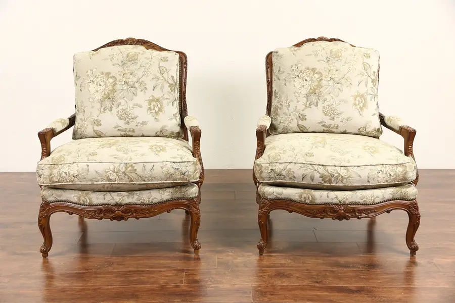Photo of Country French Pair of Carved Beech Oversized Chairs, Signed Sherrill