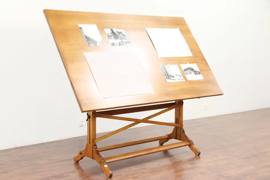 Photo of Drafting Artist Desk, Vintage Oak & Pine Drawing or Wine & Cheese Table