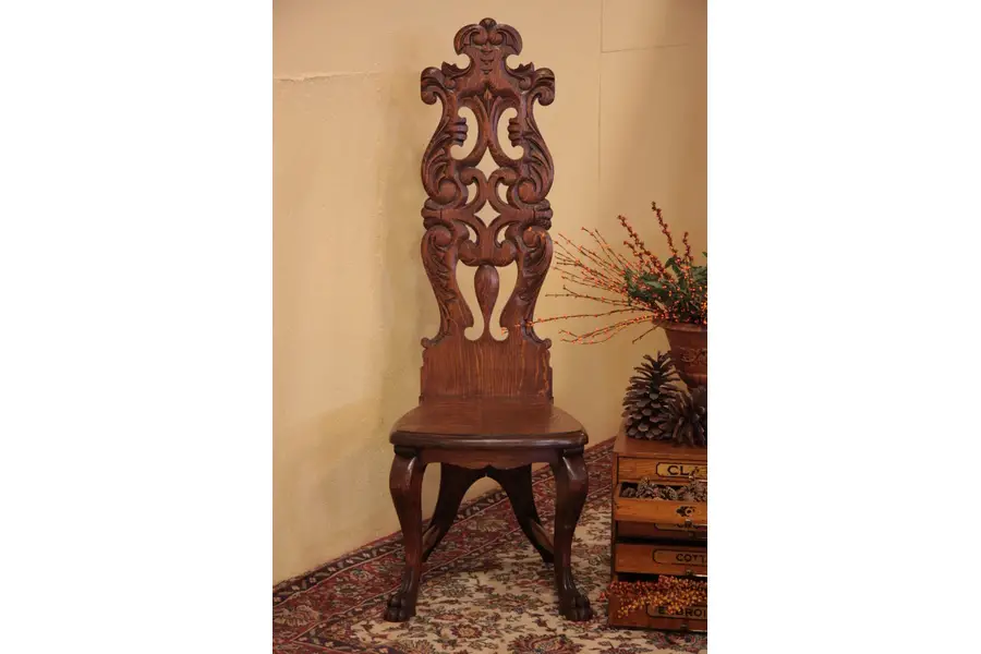 Photo of Victorian Quartersawn Oak Hall Chair, Claw Feet