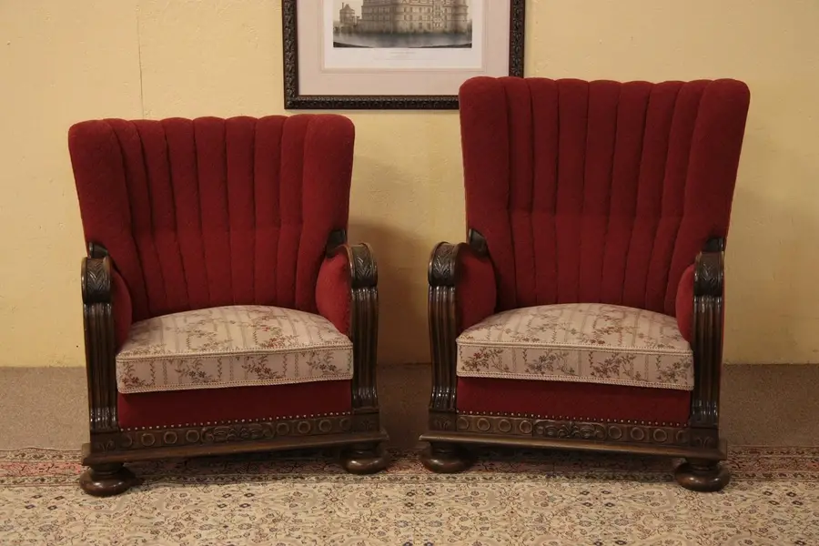Photo of Art Deco Carved Oak Pair of Armchairs