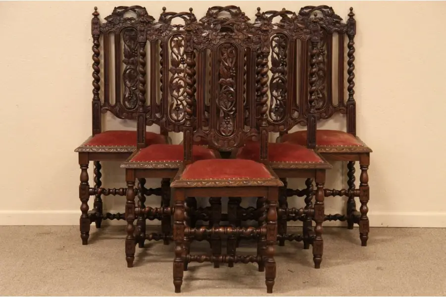 Photo of Set of 6 Grapevine Carved Oak Dining Chairs