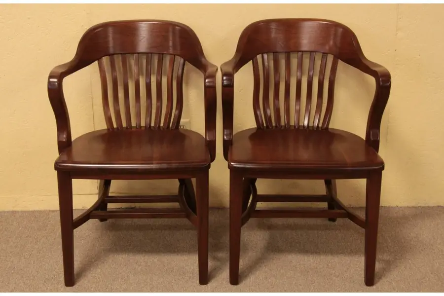 Photo of Pair 1910 Antique Banker Walnut Arm Chairs