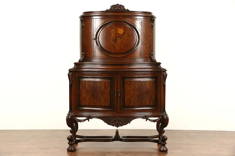 Photo of Renaissance 1925 Antique China Cabinet, Burl & Marquetry, Rockford