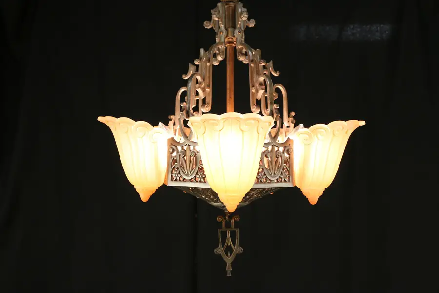 Photo of Art Deco Vintage Lincoln Chandelier 5 Light Fixture, Fleur de Lis Shades