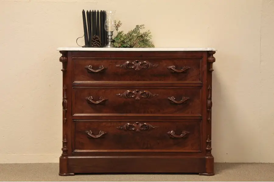 Photo of Victorian Carved Chest or Dresser, Marble Top