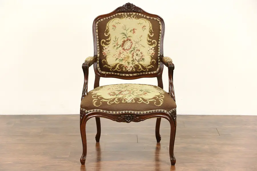 Photo of French 1930 Vintage Hand Carved Fauteuil Chair, Hand Stitched Needlepoint