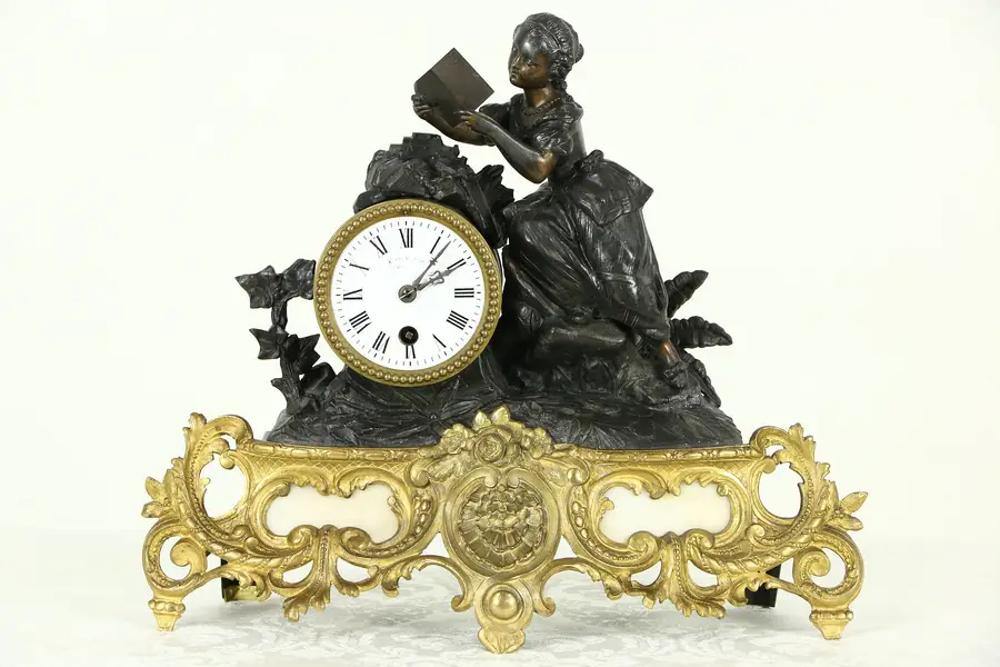 Photo of French Antique 1880's Bronze & Marble Mantel Clock, Pewter Statue of a Girl