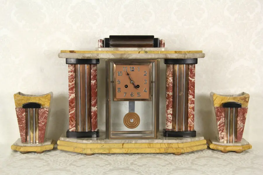 Photo of French Art Deco 1925 Antique 4 Color Marble Clock Set 3 Pc.
