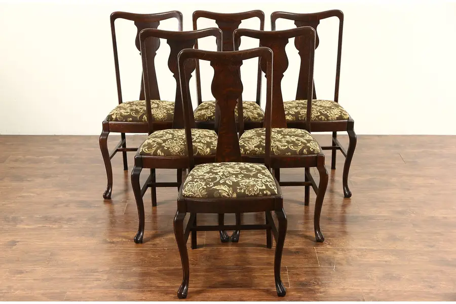 Photo of Set of 6 Oak 1900 Antique Carved Paw Foot Dining Chairs, New Upholstery