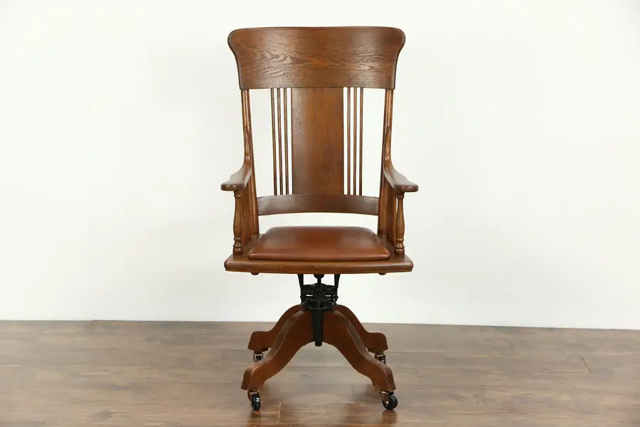 Photo of Oak 1910 Antique Adjustable Swivel Desk Chair, Leather Seat