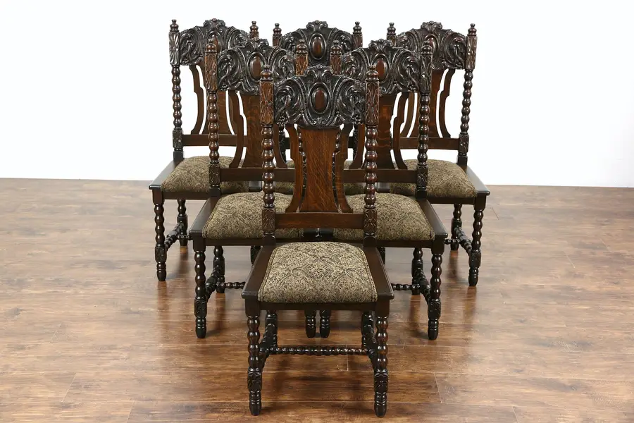 Photo of Set of 6 Oak Carved 1900 Antique Scandinavian Dining Chairs, New Upholstery
