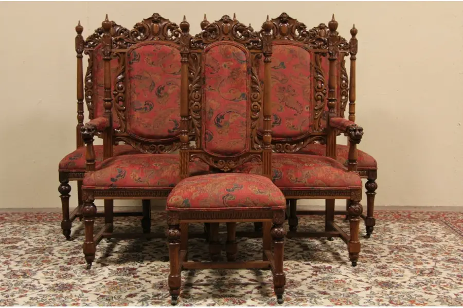 Photo of Set of 6 Lion Carved Oak Antique Dining Chairs