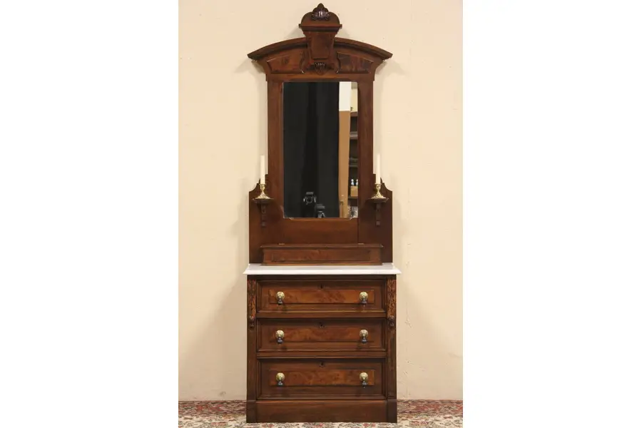 Photo of Victorian 1875 Marble Top Chest or Dresser & Mirror, Sink Vanity