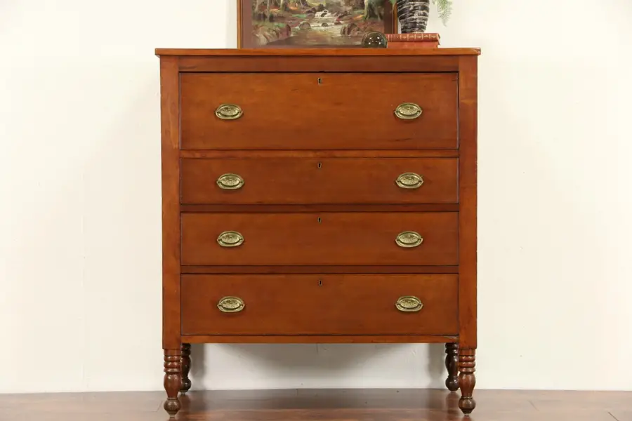 Photo of New England 1820's Antique Country Sheraton Cherry Tall Chest or Dresser