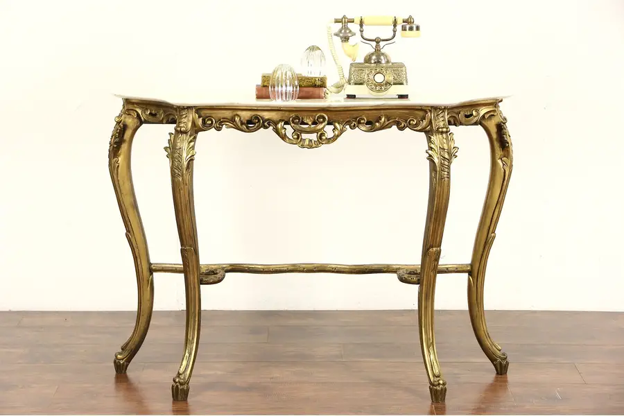 Photo of Italian Carved 1930's Antique Burnished Gold Hall Console Table, Marble Top