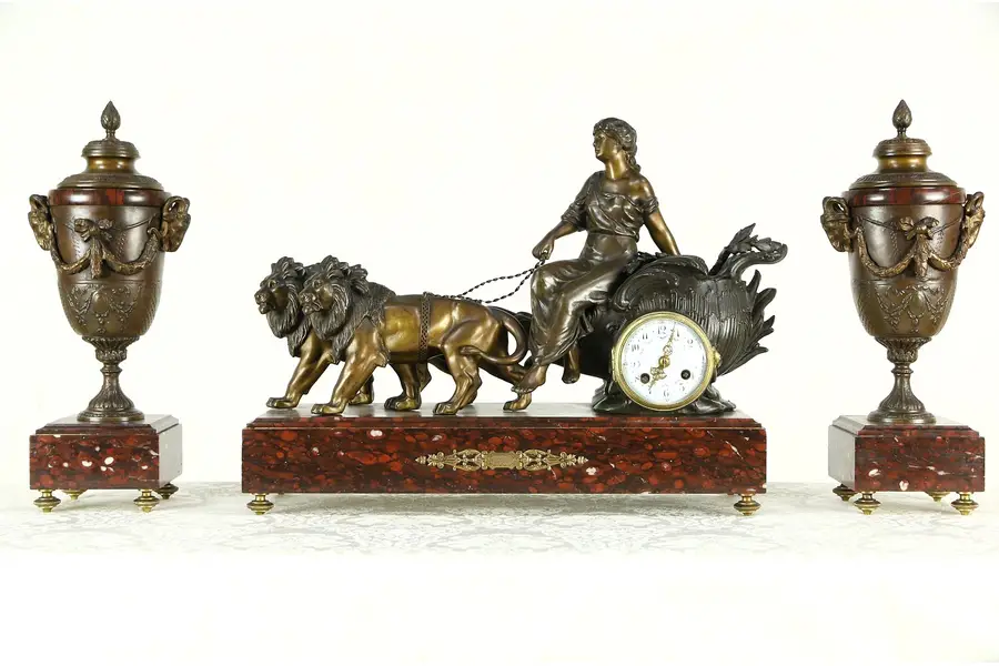 Photo of French Red Marble Antique Mantel Figural Clock Set, Lions & Chariot Signed Paris