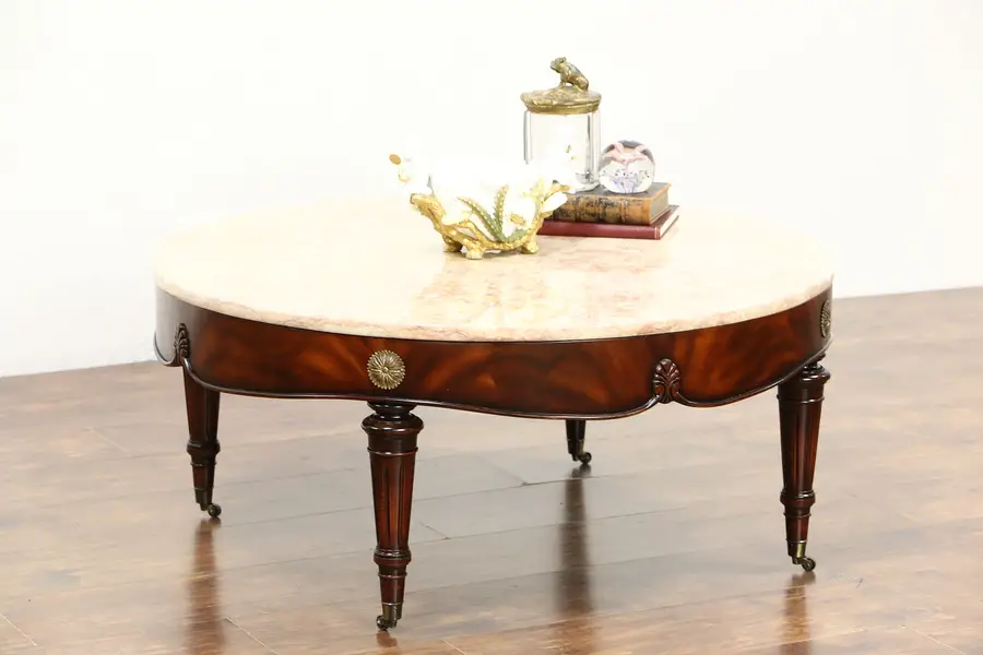 Photo of Classical Round Mahogany Vintage Coffee Table, Rose Marble Top