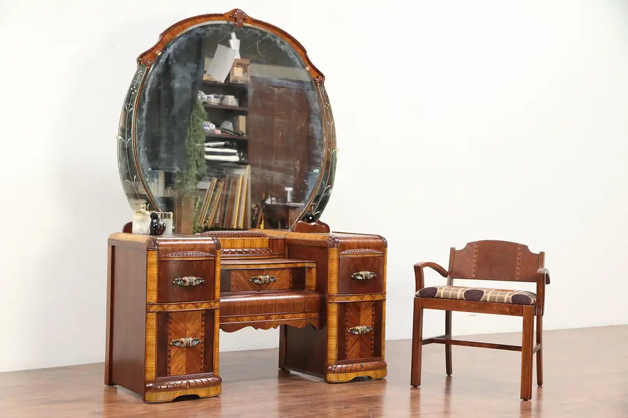 Photo of Art Deco Waterfall Vintage Vanity or Dressing Table, Mirror & Chair