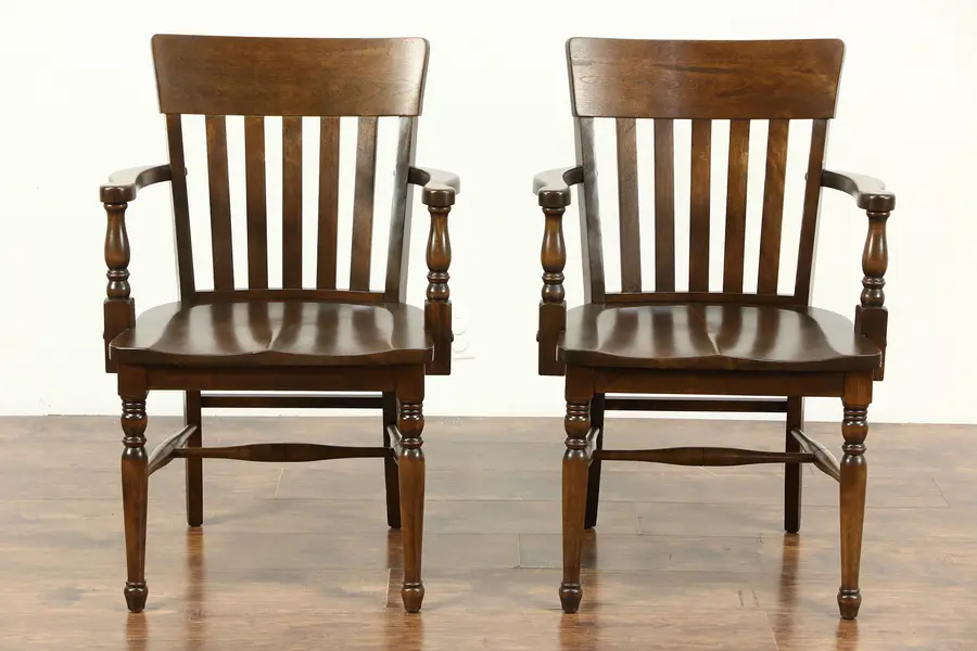Photo of Pair 1920 Antique Curved Back Birch Banker, Office or Library Chairs with Arms
