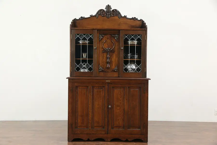 Photo of Oak 1900 Antique Mystery Linen or Collector Print Cabinet, Leaded Glass Doors